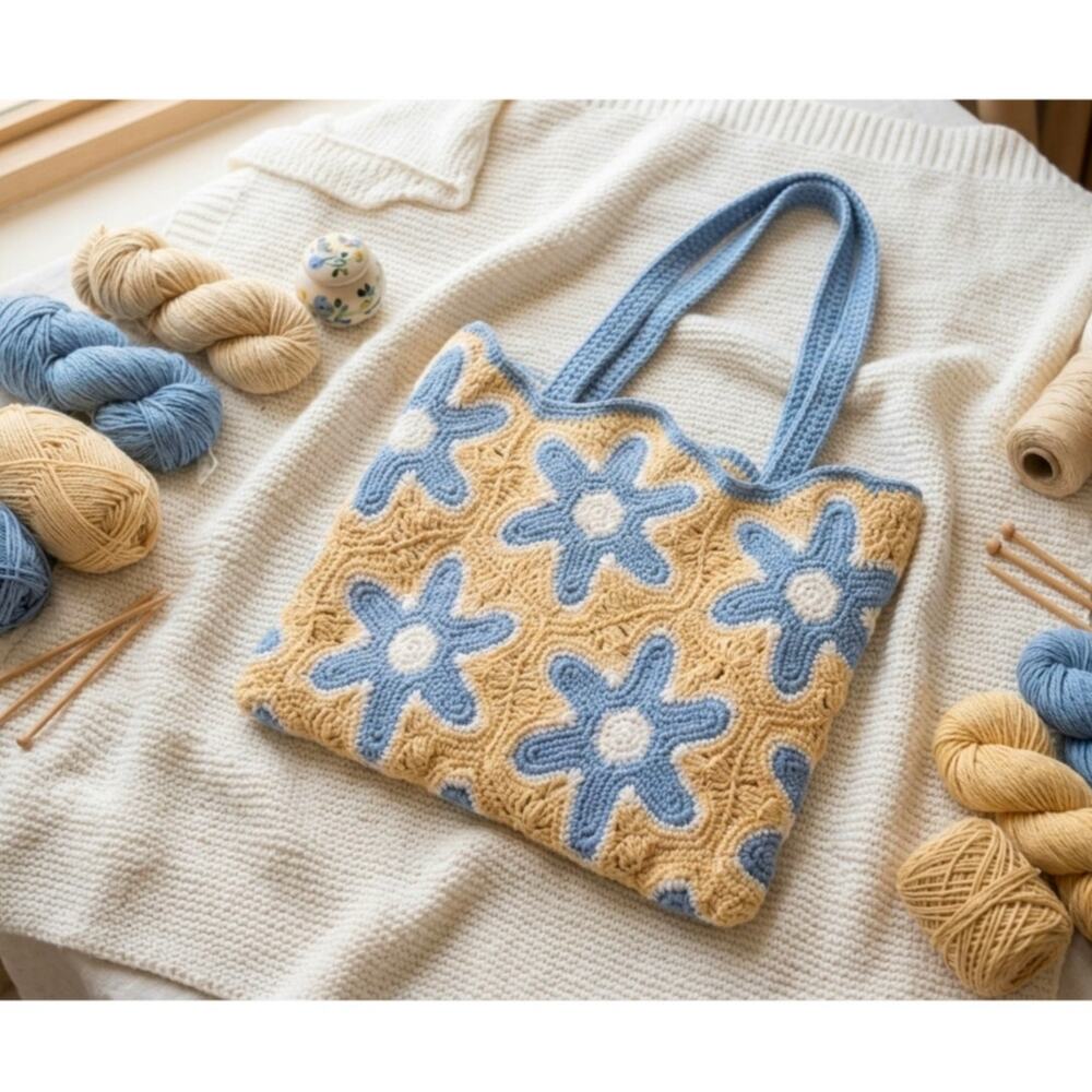 Boho Crochet Flower Tote Bag - Blue & Cream Knit Shoulder Bag